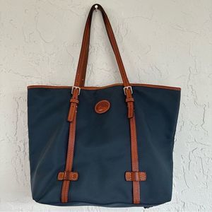 DOONEY & BOURKE Large Canvas Tote Leather Straps Blue Tan